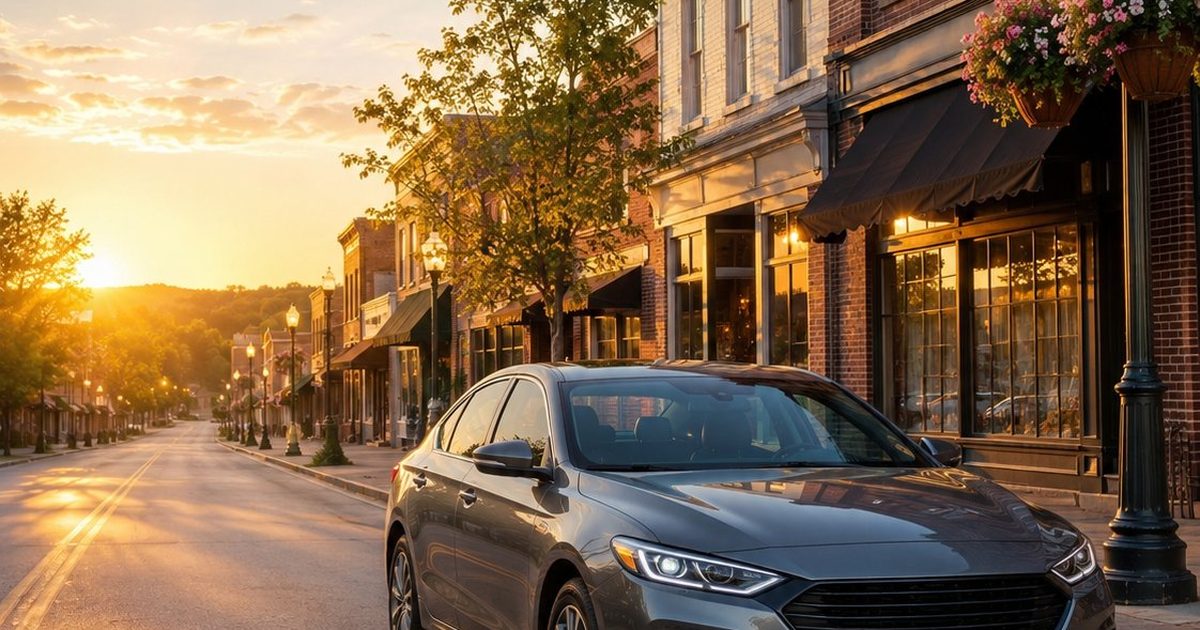 Older sedan on a warm sunset small-town street, insuring an older car